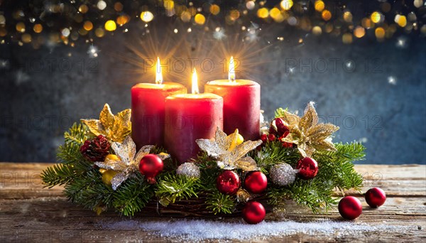 Ai generated, Advent wreath with burning candles, Christmas time, Christmas decoration, 3rd Advent, Third Advent