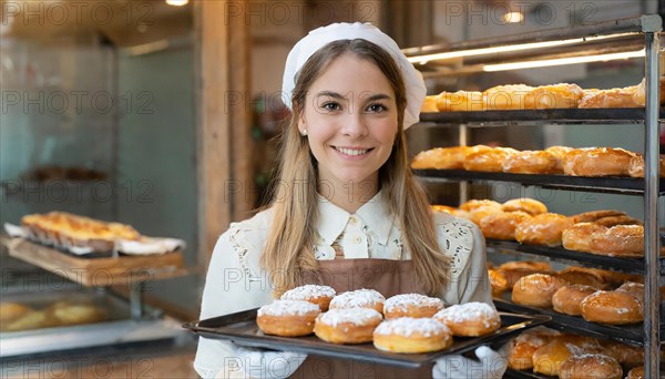 Ai generated, woman, 20, 25, years, shows, bakery, bakery shop, baquette, white bread, France, Paris, Europe