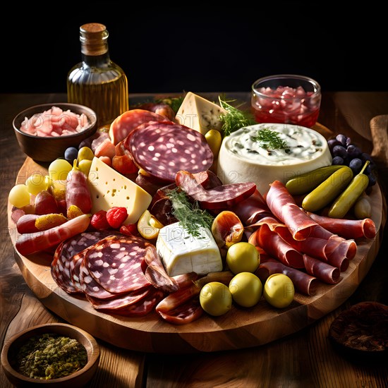 Bavarian snack plate overflowing with assorted cured meats draping, AI generated