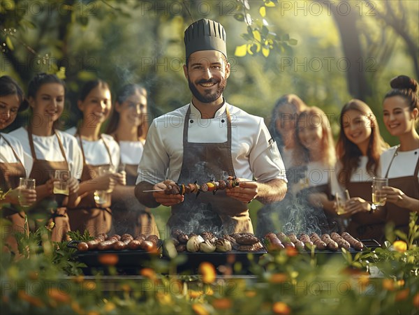 Barbecue party, guests with glasses in their hands stand around a chef who is grilling sausages and steaks, AI generated