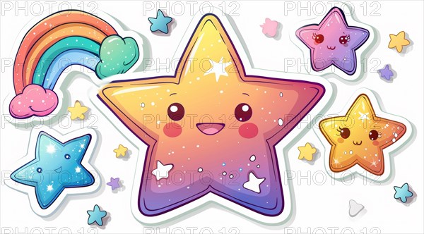 A collection of cute, kawaii-style star and cloud stickers with pastel rainbows and hearts, ai generated, AI generated