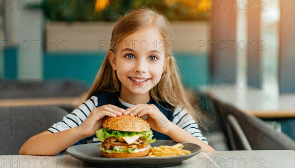 AI generated, A young girl, 10 years old, enjoys her burger, hamburger, fast food, restaurant