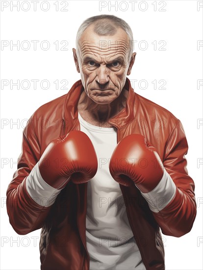 Illustration, an older man with boxing gloves looks confidently and resolutely into the camera, symbolic image for self-defence at an advanced age, AI generated, AI generated, AI generated