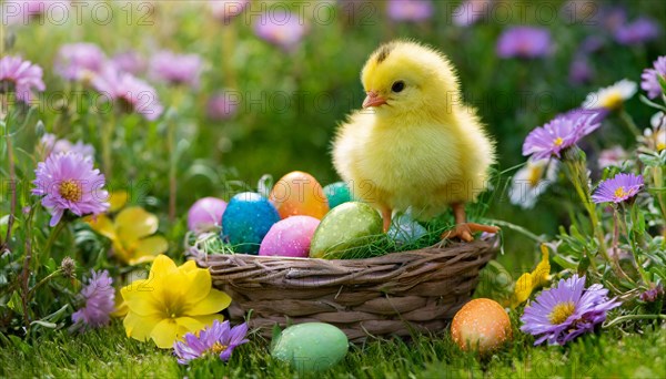 Ai generated, An Easter basket with coloured eggs in a meadow with colourful flowers, a chicken chick in the basket, symbolic image Easter, animal children