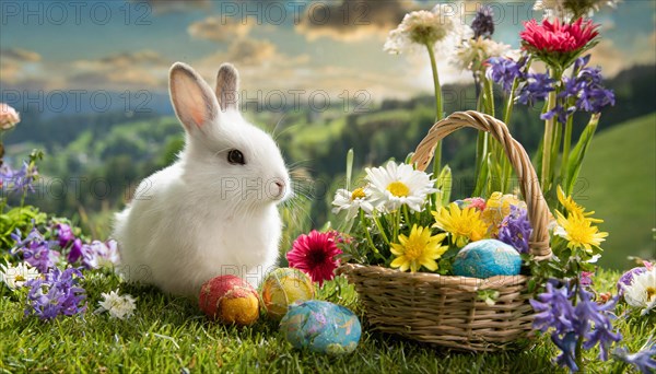 Ai generated, An Easter basket with coloured eggs in a meadow with colourful flowers, in the basket a white rabbit, symbolic picture Easter, animal children, dwarf rabbit