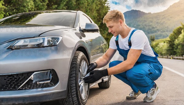 AI generated, A mechanic changes the tyres on a customer's car, tyre fitting, silver car