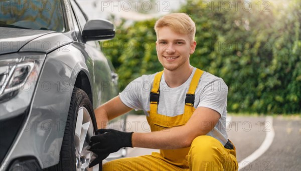 AI generated, A mechanic changes the tyres on a customer's car, tyre fitting, silver car