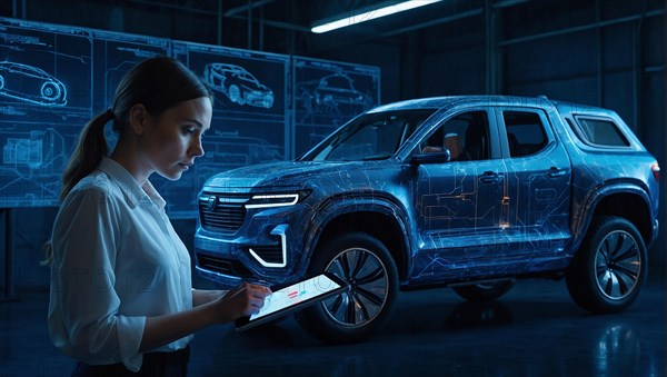 Female engineer designer analyzing a holographic model of an electric pickup truck, feminine power and rights concept, AI generated