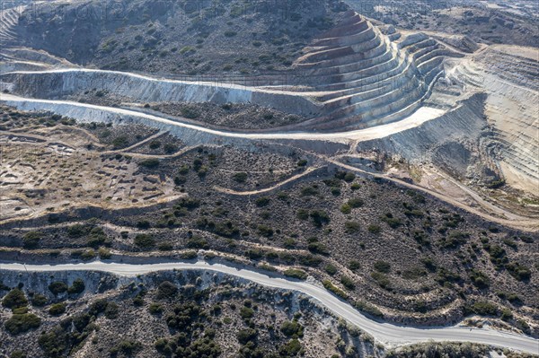 Mineral mining in the mountains near Apollonia, aerial view, Milos, Cyclades, Greece, Europe