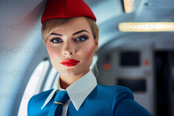Beautiful attractive flight attendant stewardess with blue unifrom and red hat in airplane. KI generiert, generiert AI generated