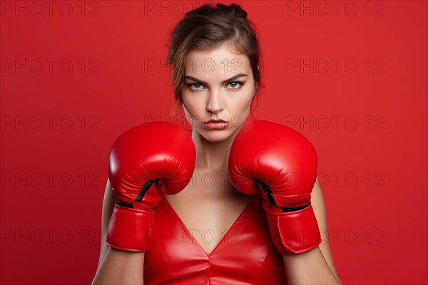 Fierce woman with determined face expression and red boxing gloves in front of studio background. KI generiert, generiert AI generated