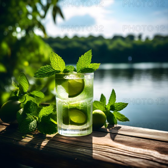 Classic mojito with fresh mint leaves resting on a weathered wooden dock calm lake waters extending, AI generated