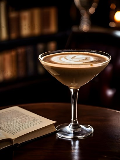 Espresso martini beckoning from a softly lit cozy cafe bar, AI generated