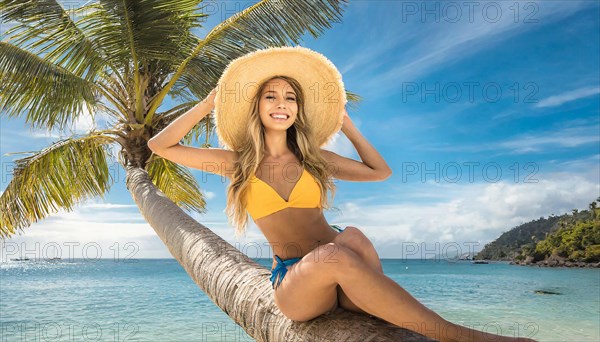 AI generated, A blonde girl enjoys a holiday in the Caribbean while sitting on a palm tree on the beach