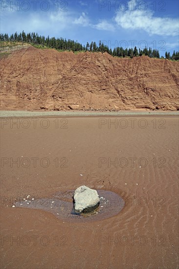 Erratic boulder on the beach at low tide, cliffs, red sandstone, Five Islands Provincial Park, Fundy Bay, Nova Scotia, Canada, North America
