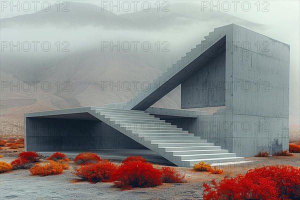 Modern concrete architecture with stark geometric shapes amidst red desert flora under fog, AI generated