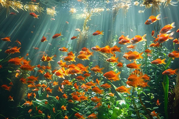 Sunbeams illuminate a school of goldfish underwater among aquatic plants, AI generated
