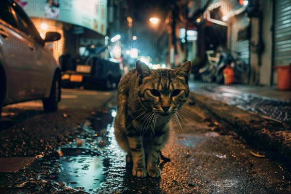 A stray domestic cat in a city, AI generated, AI generated, AI generated