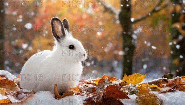 KI generated, A white dwarf rabbit in autumn, ice, snow, onset of winter, (Brachylagus idahoensis)