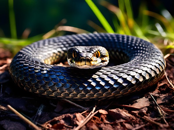 European adder coiled in a striking position showcasing its distinctive patterning, AI generated