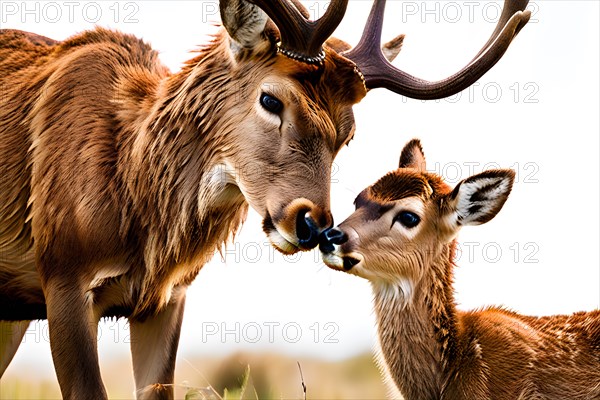 Red deer hind nose to nose with her calf, AI generated