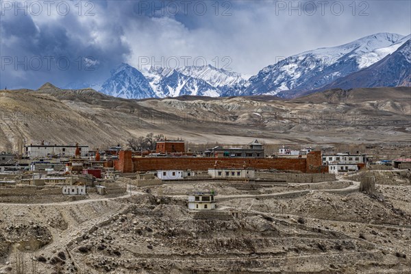 View on the city wall of Lo Manthang, Kingdom of Mustang, Nepal, Asia