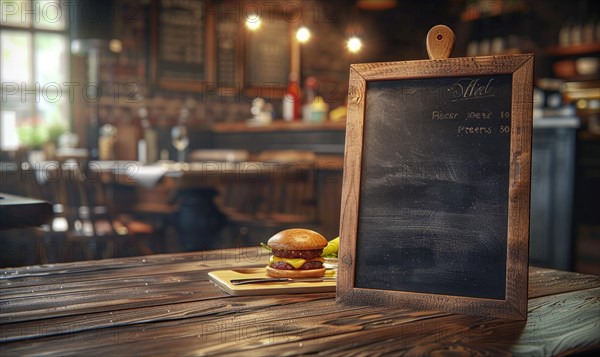 Vintage-style image of a blackboard with menu beside a burger on a wooden table AI generated