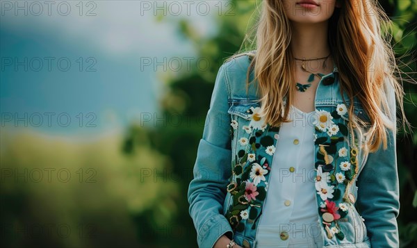 Close-up of a young woman in a denim jacket with floral embroidery AI generated