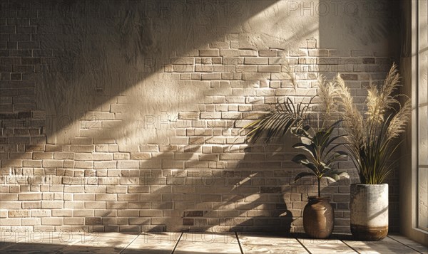 A tranquil corner where shadows from potted plants dance on a sunlit textured brick wall AI generated