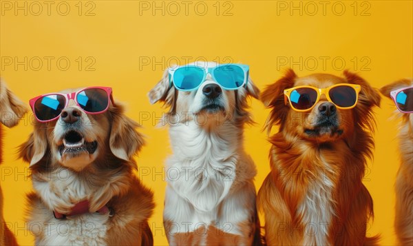 Three dogs with colorful sunglasses against a bright yellow background exuding a playful vibe AI generated