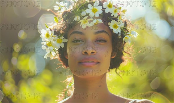 Woman with a crown of flowers in sunlight, looking serene AI generated