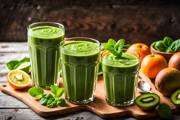 Clear glass containing vibrant green smoothie brimming with spinach kiwi avocado slices, AI generated