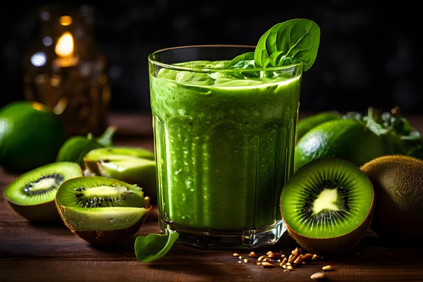 Vibrant green smoothie clear glass fresh spinach kiwi avocado slices, AI generated