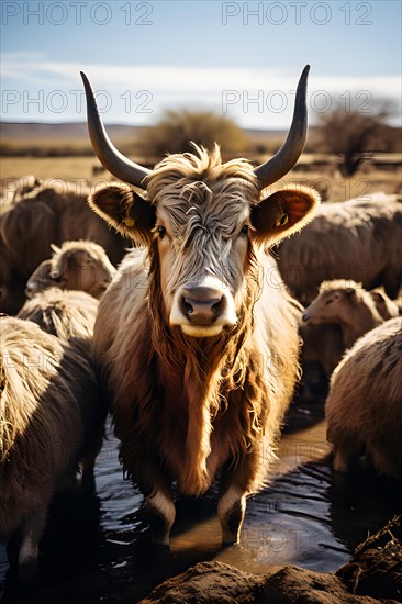 Congregation of farm animals around a shrinking water hole, AI generated