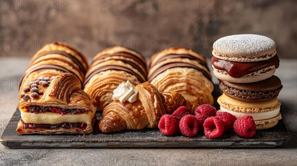 A decadent spread of croissants, various macarons, raspberries, and dark chocolate toppings, ai generated, AI generated