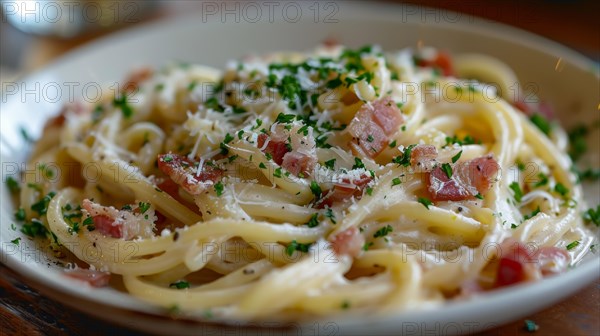 A close-up of fettuccine pasta garnished with Parmesan cheese, bacon bits and parsley on a white plate, ai generated, AI generated