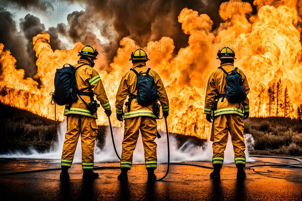 Firefighters engage a raging wildfire water hoses unleashing torrents cloaked in protective gear, AI generated