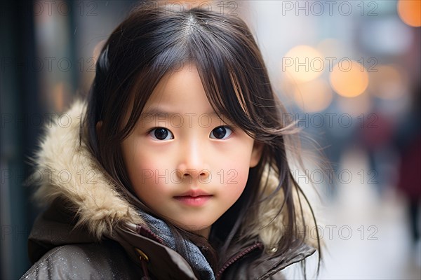 Young Asian girl child with jacket in city street. KI generiert, generiert AI generated