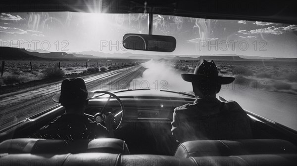 View from inside a car with two cowboys driving through a dusty desert road, AI generated