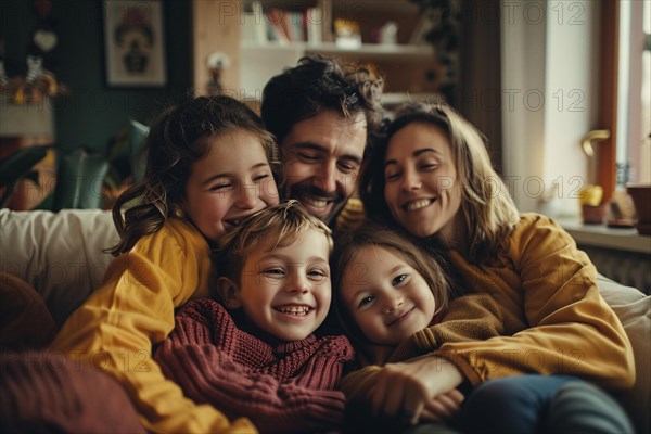 A joyful family with parents and children smiling and hugging each other, AI generated