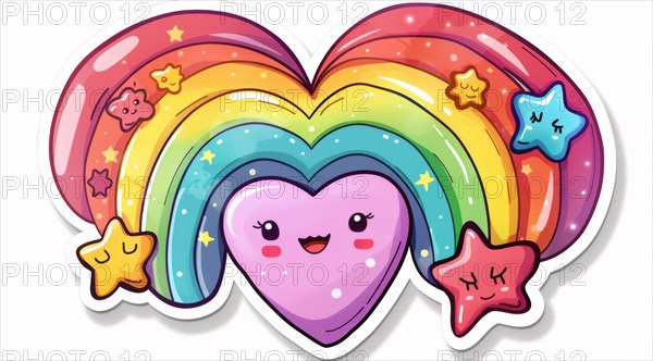A playful sticker of a heart with a cute face styled with a vibrant rainbow and stars, ai generated, AI generated