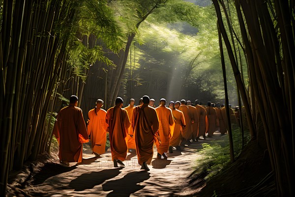 Shaolin disciples clad in traditional orange robes walk in a serpentine single file bamboo stalks, AI generated