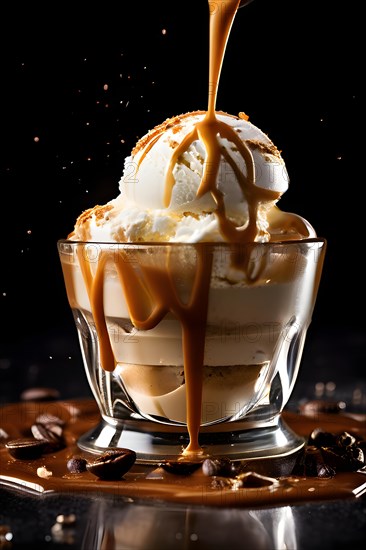 Gelato affogato scoop submerged in cascading hot espresso, AI generated