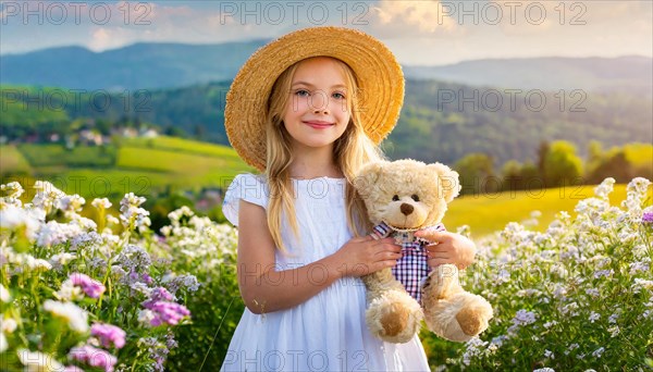 Ai generated, A blonde girl, 8 years old, enjoys the summer in a meadow with lots of flowers and is happy about her teddy bear, mascot