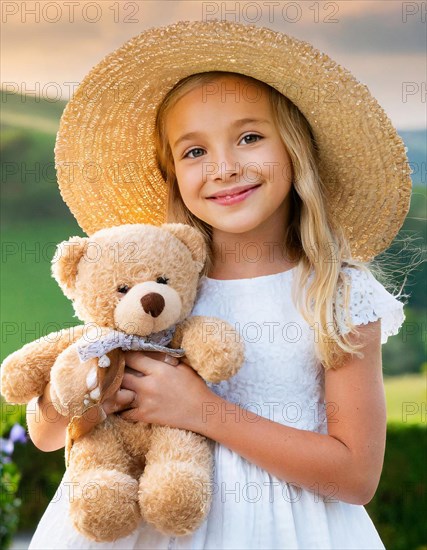 Ai generated, A blonde girl, 8 years old, enjoys the summer in a meadow with lots of flowers and is happy about her teddy bear, mascot