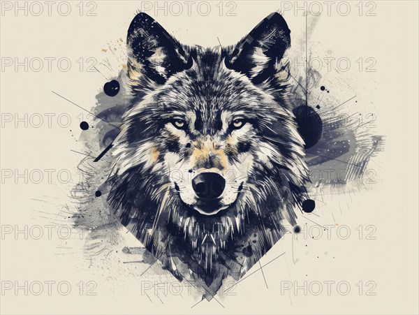 Monochrome grey abstract illustration of a wolf with splatter and vector elements, ai generated, AI generated