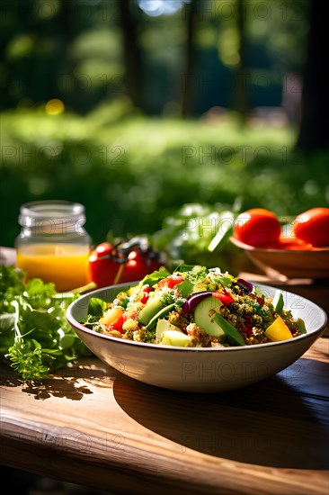 Quinoa salad abounding with colorful vegetables and lemon tahini dressing, AI generated