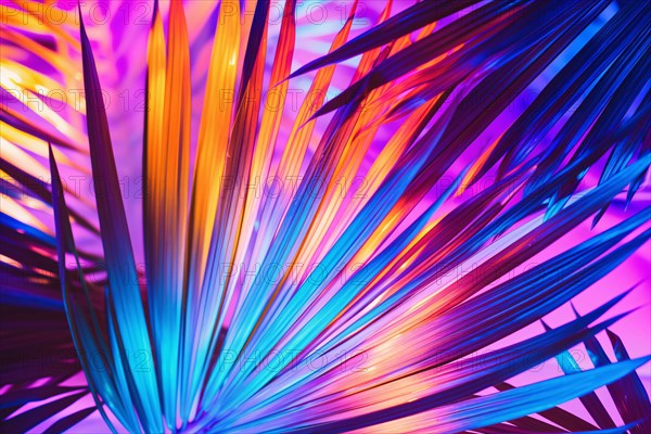 Colorful purple, pink, blue and orange tropical palm leaves. KI generiert, generiert AI generated