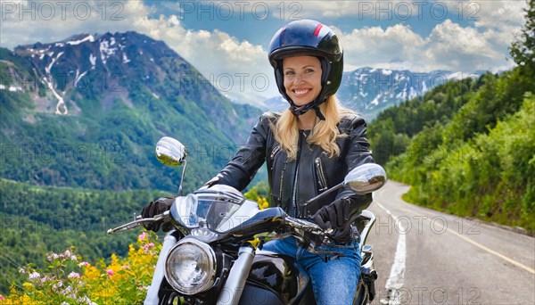 AI generated, An attractive woman rides her motorbike through an autumn landscape