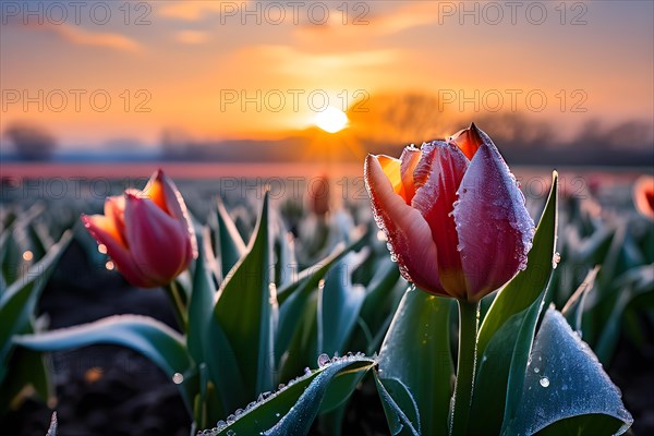 Tulip field on a frosty morning delicate petals encapsulated in fine ice embodying springs, AI generated